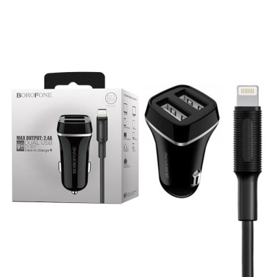 Автомобильный блок+кабель lightning BOROFONE BZ2 (2.1A,2USB) black