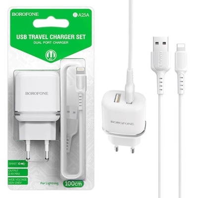 Сетевой блок+кабель Lightning BOROFONE BA25A 