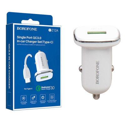 Автомобильный блок+кабель Type-C BOROFONE BZ12A (3A,1USB) white