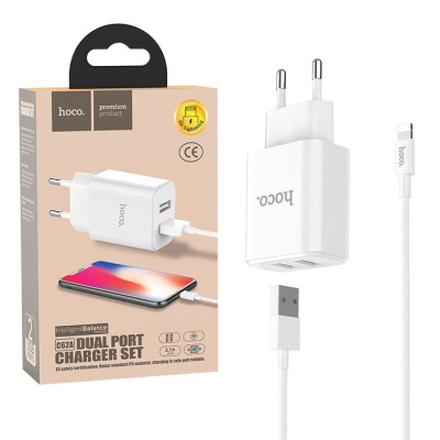 Сетевой блок+кабель Lightning HOCO C62A  white