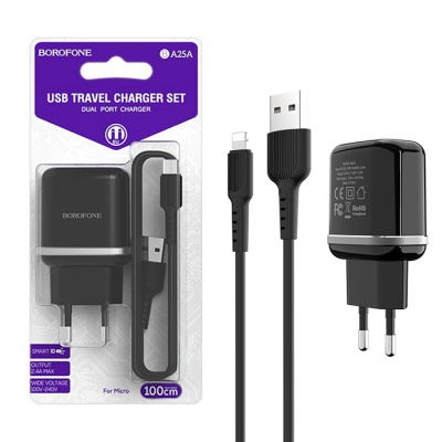 Сетевой блок+кабель Lightning BOROFONE BA25A (2.4A,1USB) black
