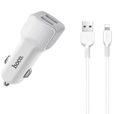 Адаптер автомобильный+кабель lightning HOCO Z23  white