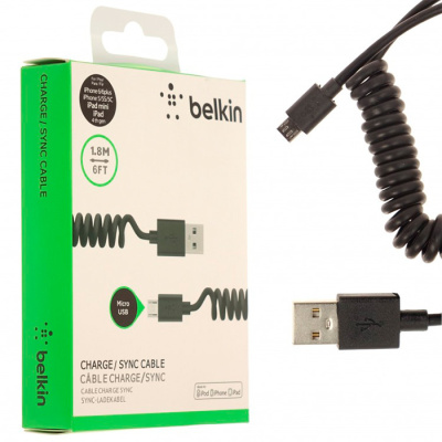 Кабель microUSB Belkin 1.8m в коробке спираль black