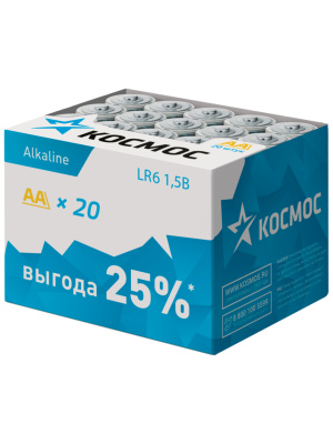 Батарейка алкалиновая КОСМОС AA LR6 (20) картонный