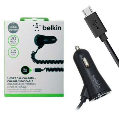 АЗУ microUSB BELKIN 2.1A,2USB спираль black