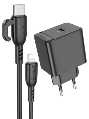 сетевой блок + кабель type-c to lightning borofone bas15a pd30w black