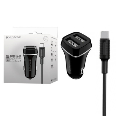 Автомобильный блок+кабель Type-C BOROFONE BZ2 (2.1A,2USB) black