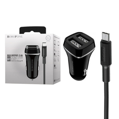 Автомобильный блок+кабель microUSB BOROFONE BZ2 (2.1A,2USB) black