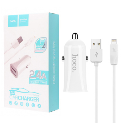 Автомобильный блок+кабель Lighting HOCO Z12 (2.4A,2USB) white